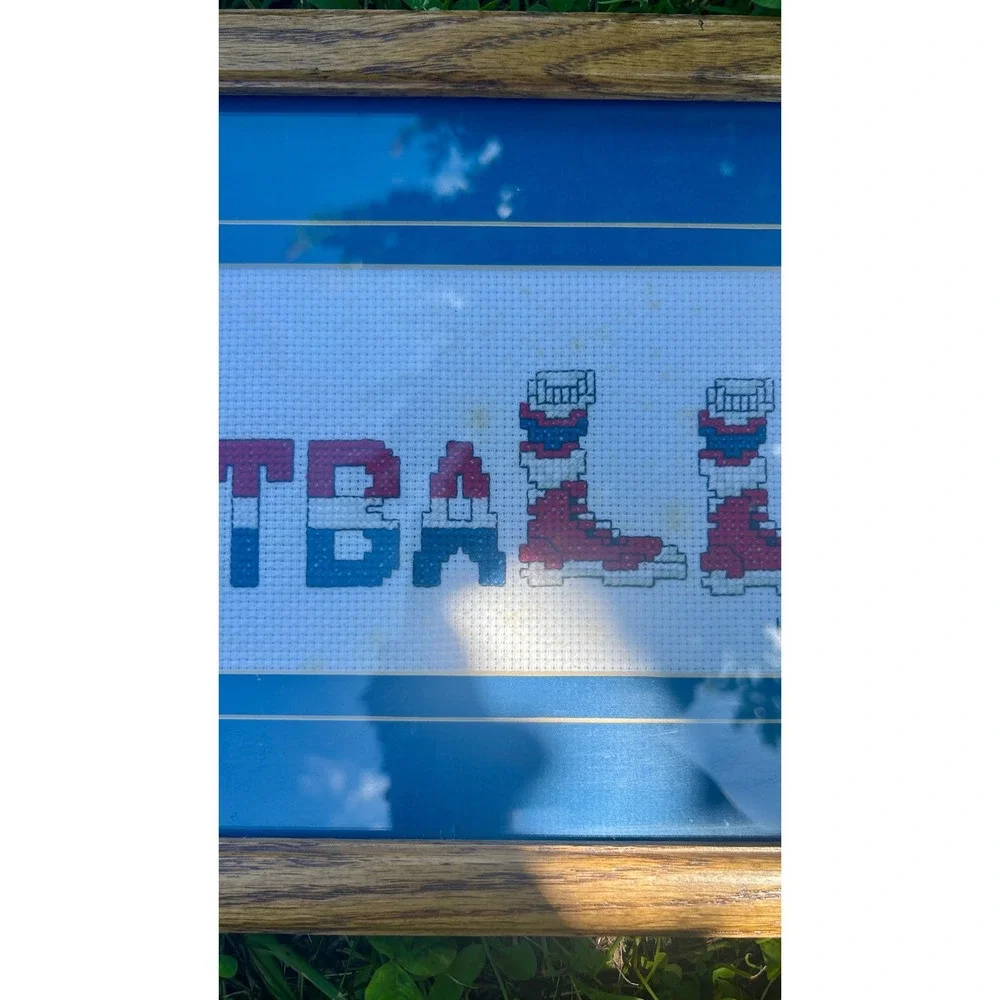 Handmade Basketball Cross Stitch Framed Art 16x8 Blue Red Wood 90s Vintage‎ Good